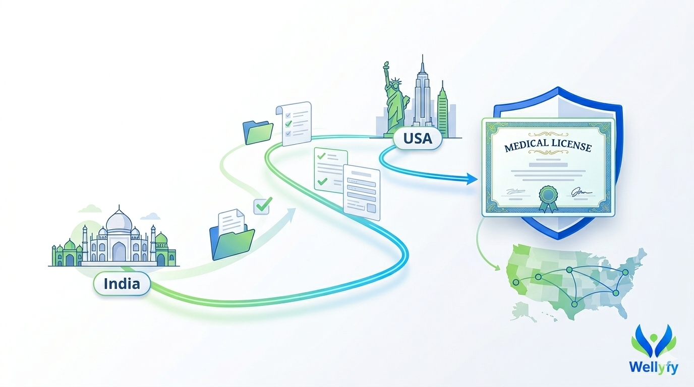 Illustration: physician pathway from India to US medical licensure and multistate practice