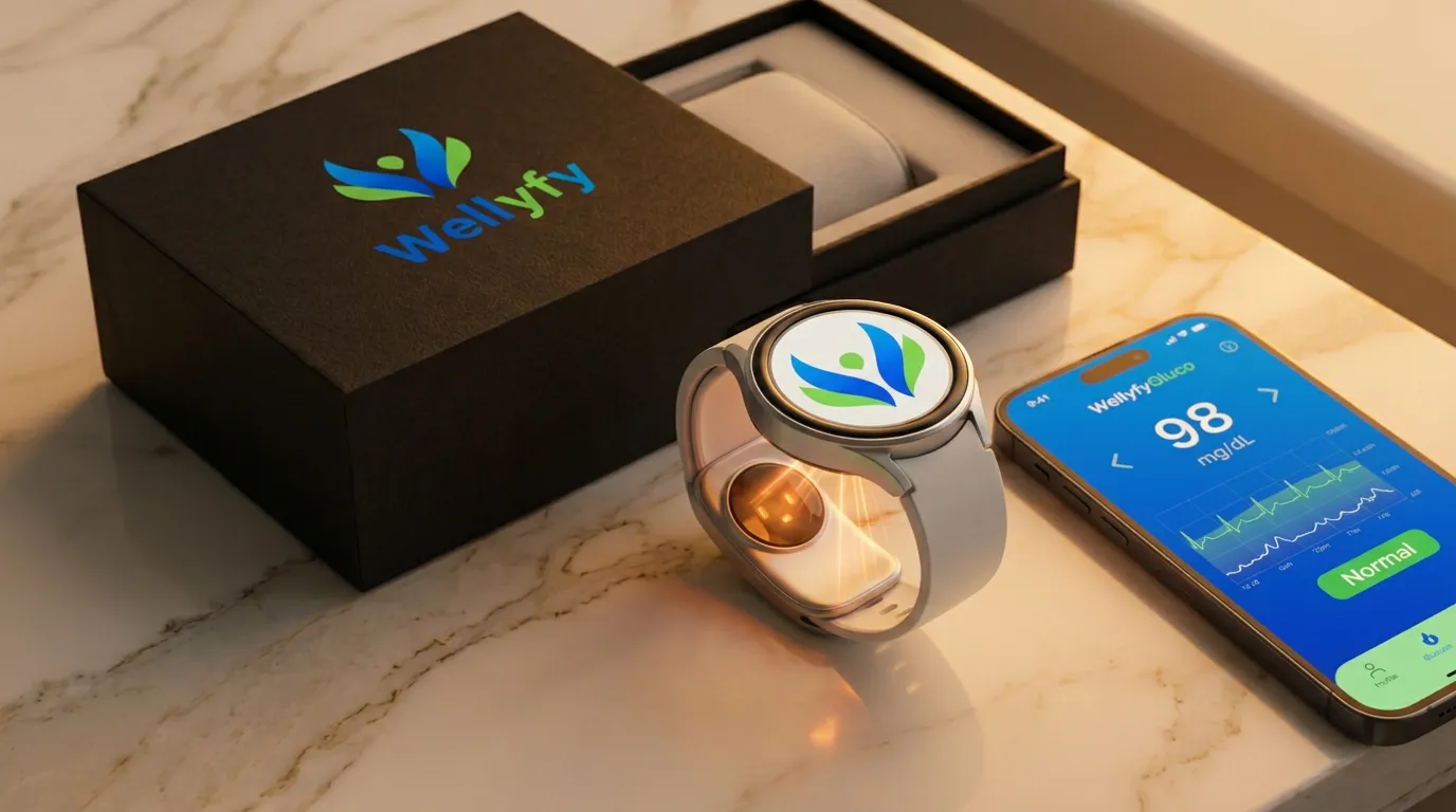 WellyfyGluco noninvasive glucose monitor concept — wearable device on wrist with phone showing blood sugar reading