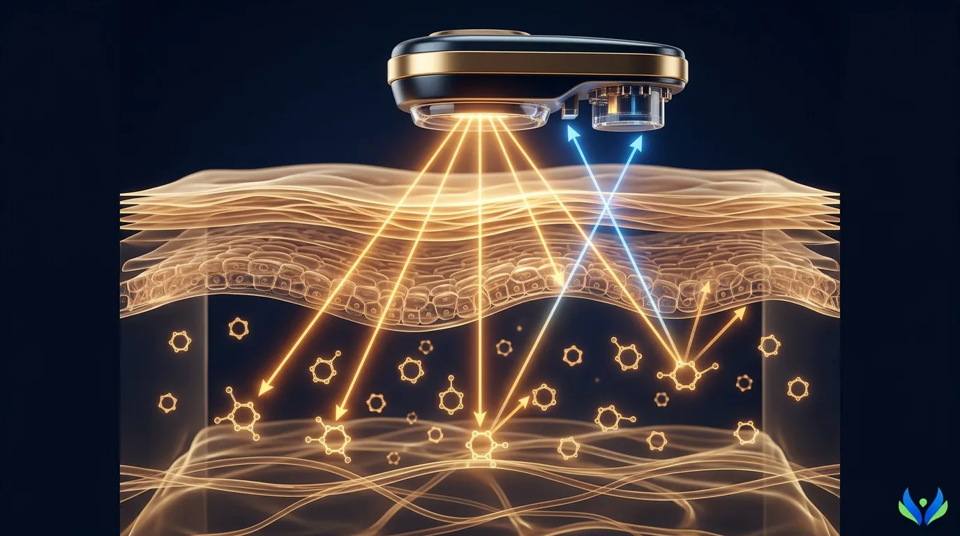 Raman spectroscopy concept — near-infrared light scattering off glucose molecules through skin layers