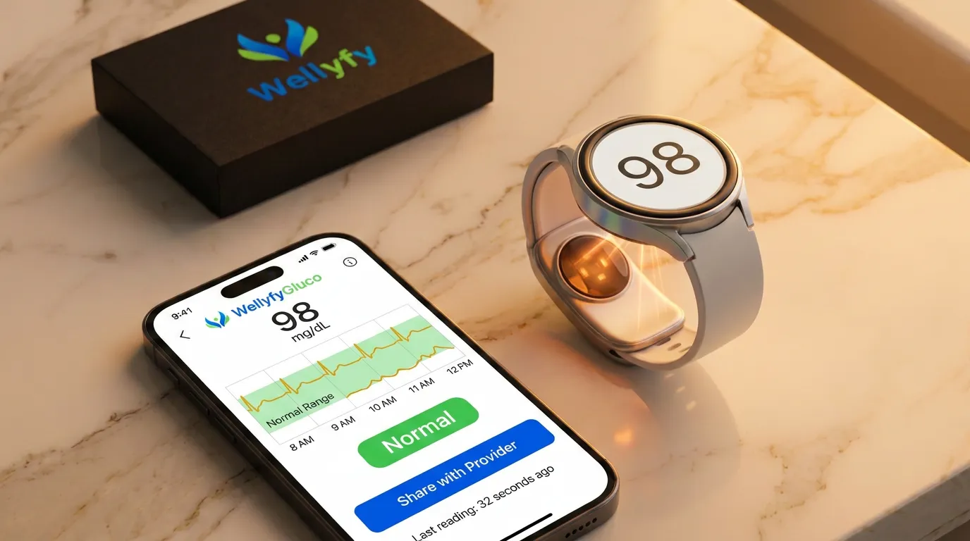 Phone screen showing glucose reading with trend graph in Wellyfy app