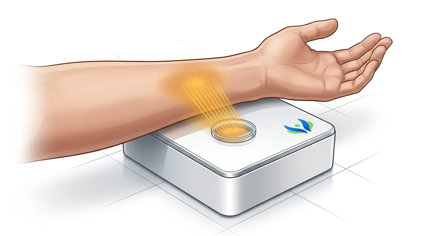 Near-infrared light shining on skin through a sensor window