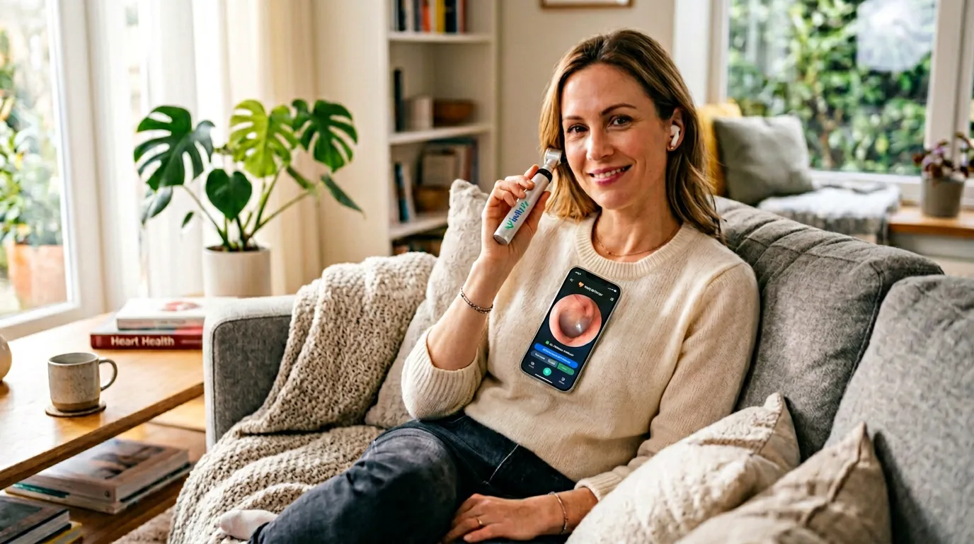 Patient using WellyfyScope for ear exam at home